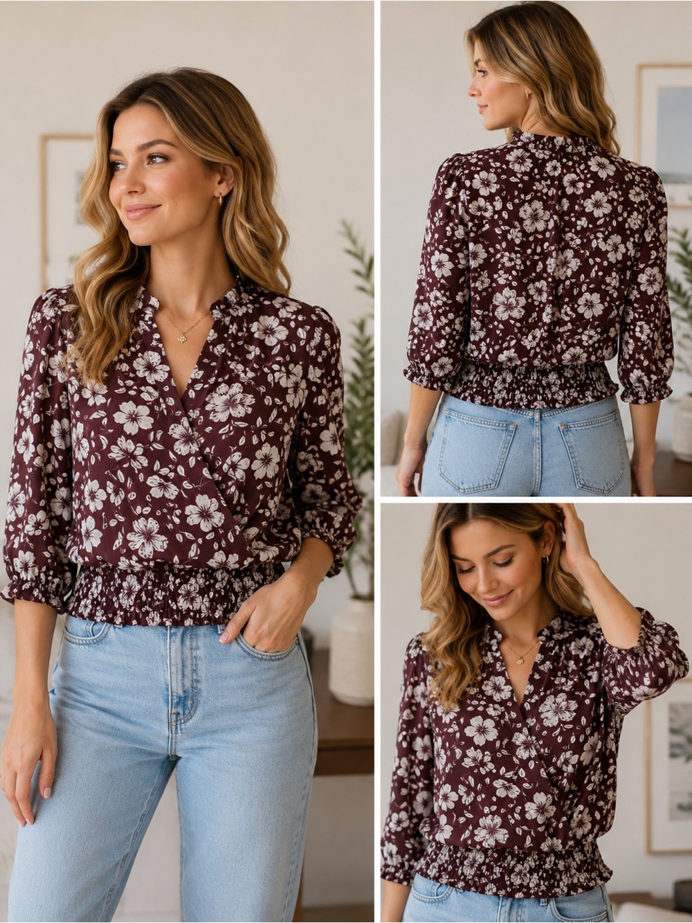 Floral Wrap Crop Blouse - Brown